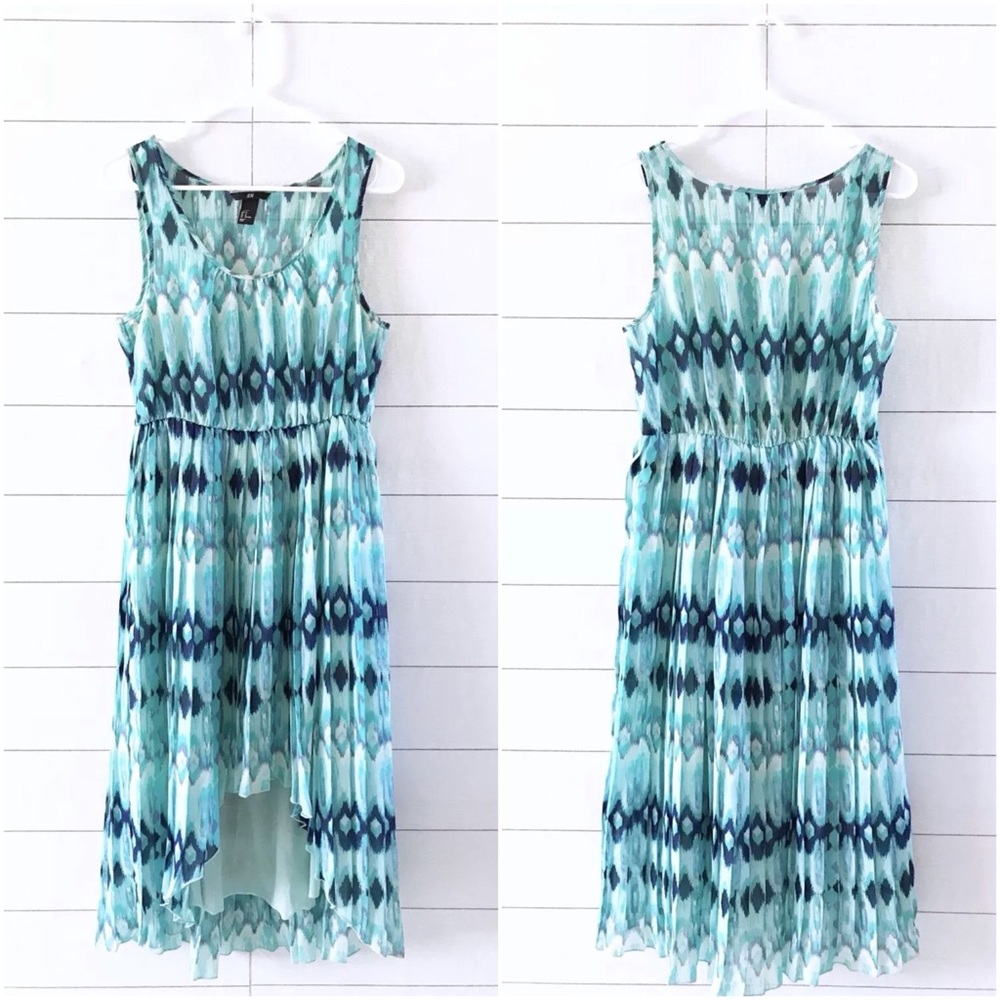 H&M Blue Print Sleeveless Pleated Hi Lo Midi Dress - Picture 1 of 6